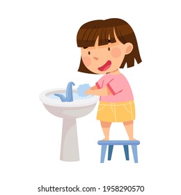 Cute Girl Standing on Stool Near Wash Stand Washing Her Hands with Soap Engaged in Personal Hygiene Vector Illustration