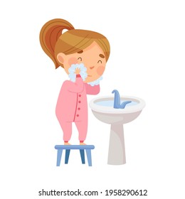 Cute Girl Standing on Stool Near Wash Stand Washing Her Face with Soap Engaged in Personal Hygiene Vector Illustration