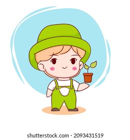 Cute girl standing with plant and watering can in hands. Hand drawn chibi style flat character isolated background.