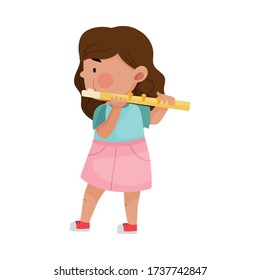 Cute Girl Standing and Playing Flute Vector Illustration