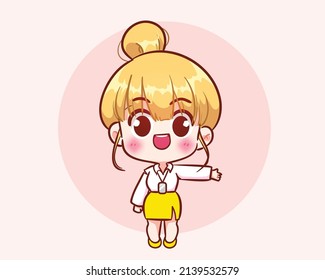 Cute girl standing pointing hand to presentation poses logo banner hand drawn cartoon art illustration