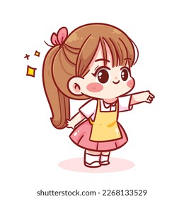 Cute girl standing presenting something to side with hand cartoon character hand draw art illustration