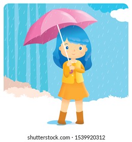 a cute girl standing in the rain with umbrella