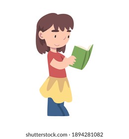 Cute Girl Standing and Reading Book, Adorable Kid Enjoying of Literature, Elementary School Student Character Cartoon Style Vector Illustration