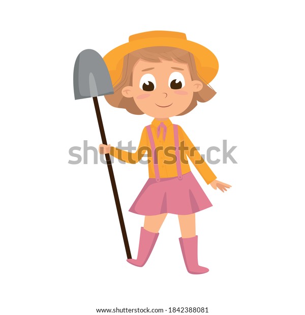 Cute Girl Standing Shovel Little Kid Stock Vector (Royalty Free ...