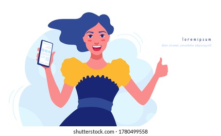 A cute girl standing, showing a screen of a smartphone in her hand, smiling. Mobile phone advertise. A woman showing a phone display. Banner advertisement template with copy space for text.