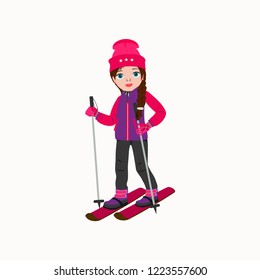 Cute girl standing with ski. Vector  illustration isolated on white background.