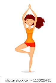 Cute girl standing in tree pose. Meditation, yoga concept. Cartoon vector illustration