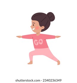 Cute girl standing in yoga pose, arms outstretched. Happy little kid doing yoga exercise. Children healthy lifestyle, gymnastic therapy. Vector isolated illustration cartoon sport character on white