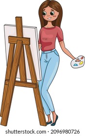 a cute girl stands in blue jeans draws on a canvas with a palette in her hands