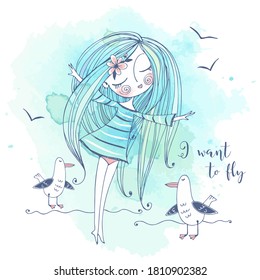 A cute girl stands on the seashore and dreams of flying like birds. Graphics and watercolors. Vector.