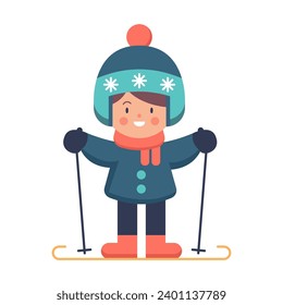 Cute girl stands on skis. Winter sports for children. Happy New Year 2024. Happy holidays. Flat vector illustration in cartoon style isolated on white background.