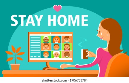 A cute girl stays at home during quarantine. She communicates with friends via video. On the table is a laptop, a cup of coffee in hand. Vector cartoon illustration.

