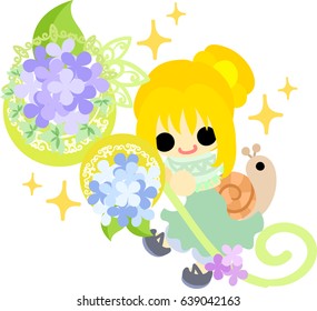A cute girl and a stick of hydrangeas