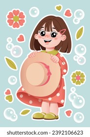 Paquete de pegatinas para chicas. Niña sonriente sosteniendo un sombrero en sus manos. Elementos florales y de burbuja. Feliz caricatura de una chica kawaii. EPS en la ilustración del vector.