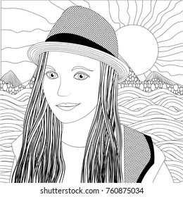 Cute girl in straw hat. Tourist. Landscape  with sea, mountains and sun on a white background. Vector illustration. Black and white sample. Page for coloring book. Doodle, Zentangle.  