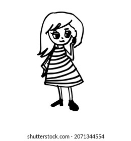 Cute girl in a striped dress. A hand-drawn character. Sketch. Vector illustration