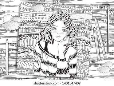 Cute girl in a striped sweater. Coloring book page for adult. Artistically ethnic pattern. Black and white. Doodle, zentangle.