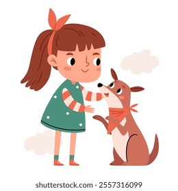 A cute girl is stroking a cheerful dog.The concept of emotional support for animals.The concept of the relationship between humans and their pets