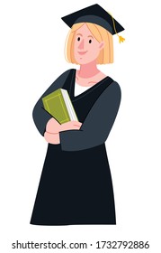 Cute girl student with books. Blond girl in modern clothes. Graduation Celebrates Graduation College School Degree Successful Concept. Flat cartoon vector illustration.