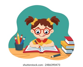 Cute girl student doing homework at the table. Vector flat illustration for postcards and other design. Concept illustration