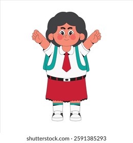 Cute girl student with green backpack cartoon character illustration