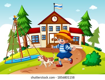 Cute girl student on school background scene illustration
