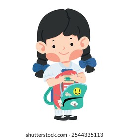 Cute girl student put book backpack