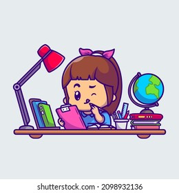 Cute Girl Study With Books Cartoon Vector Icon Illustration. People Education Icon Concept Isolated Premium Vector. Flat Cartoon Style