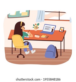 A cute girl study online class at home through video conference flat vector illustration. E-lerning during quarantine. home school 