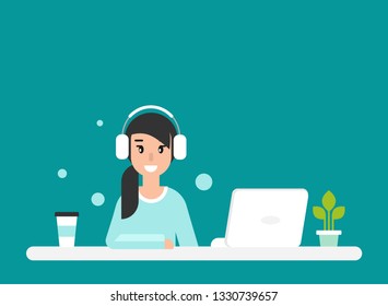 Cute girl study online with computer. flat vector cartoon illustration on turquoise background. outsourcer on work table with laptop. home office, job online, remote job