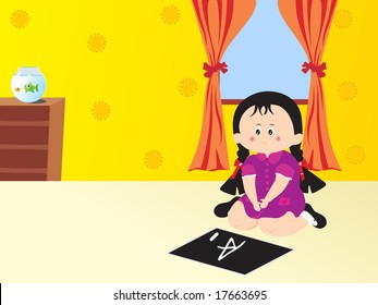 cute girl study in the room, illustration