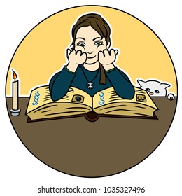 Cute girl studying medieval manuscript. Cartoony young female character reading a book. Young woman interested in Middle Ages' history. Sunny day. Funny cat hiding behind the desk. Vector illustration