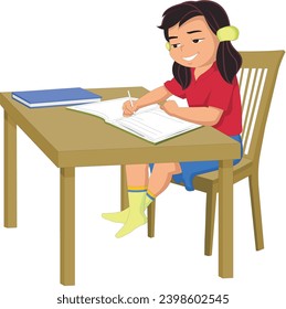 Cute girl studying while sitting on the chair vector illustration