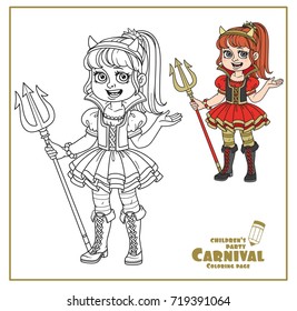 Cute girl in succubus costume color and outlined for coloring page