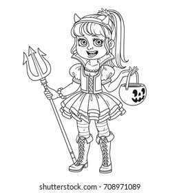 Cute girl in succubus costume with a pumpkin bag for sweets trick or treat outlined for coloring page