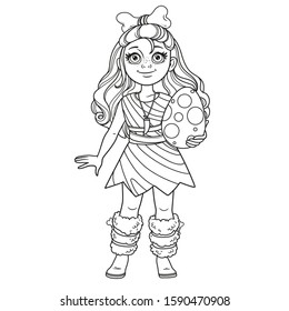 Cute girl in a suit of prehistoric man with bone in hair and dinosaur egg in her hands outlined for coloring page