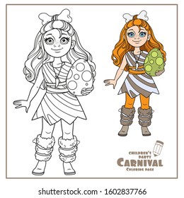 Cute girl in a suit of prehistoric man with bone in hair and dinosaur egg in her hands color and outlined for coloring page