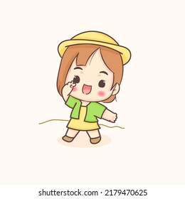 Cute girl in summer dress walking on the beach. Summer holidays and vacation. Chibi cartoon character. Flat vector illustration