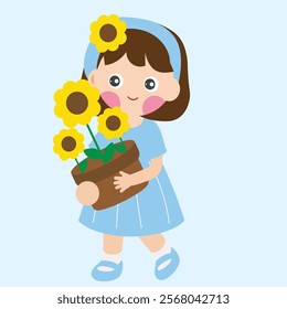 Cute Girl with Sunflower .