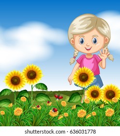 Cute girl in sunflower garden illustration