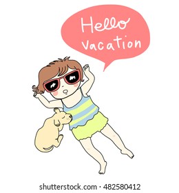 Cute girl with sunglasses and dog sleeping while sunbathing. Hello vacation. Vector illustration.