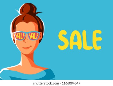 Cute girl in sunglasses with sale. Illustration of young woman character.