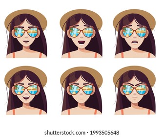 The cute girl in the sunglasses. A set of emotions. Reflection of the beach in glasses. Vector illustration in cartoon style