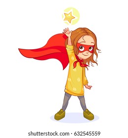 Cute Girl In Super Hero Costume Stands With Her Hand Outstretched, Trying To Get The Star. Vector Cartoon Kid Character In A Red Mask And Developing The Wind Cloak, Isolated On White Background.