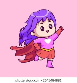 Cute Girl Super Hero Fly Cartoon Vector Icon Illustration. People Holiday Icon Concept Isolated Premium Vector. Flat Cartoon Style