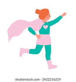 Cute girl in superhero clothes. Kids superheroes party, carnival colorful costumation cartoon vector illustration