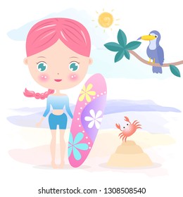 Cute Girl And Surfboard