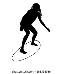 Cute girl surfing on surfboard. Hand drawn illustration. Black silhouette on white background. Isolated. Summer surf lifestyle