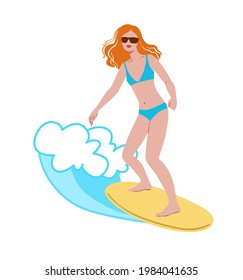 Cute girl surfing on surfboard. Hand drawn illustration. Summer surf lifestyle. Vector Background.